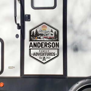 Personalized Family Adventures RV Decal, Custom Camper Sticker with Name & Year, Mountain Camping Scene, Gift for Travel Lovers