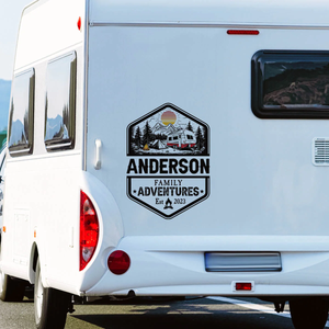 Personalized Family Adventures RV Decal, Custom Camper Sticker with Name & Year, Mountain Camping Scene, Gift for Travel Lovers