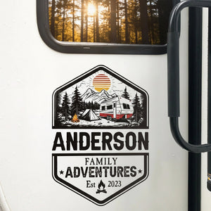 Personalized Family Adventures RV Decal, Custom Camper Sticker with Name & Year, Mountain Camping Scene, Gift for Travel Lovers