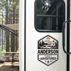 Personalized Family Adventures RV Decal, Custom Camper Sticker with Name & Year, Mountain Camping Scene, Gift for Travel Lovers