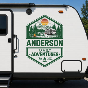 Personalized Family Adventures RV Decal, Custom Camper Sticker with Name & Year, Mountain Camping Scene, Gift for Travel Lovers