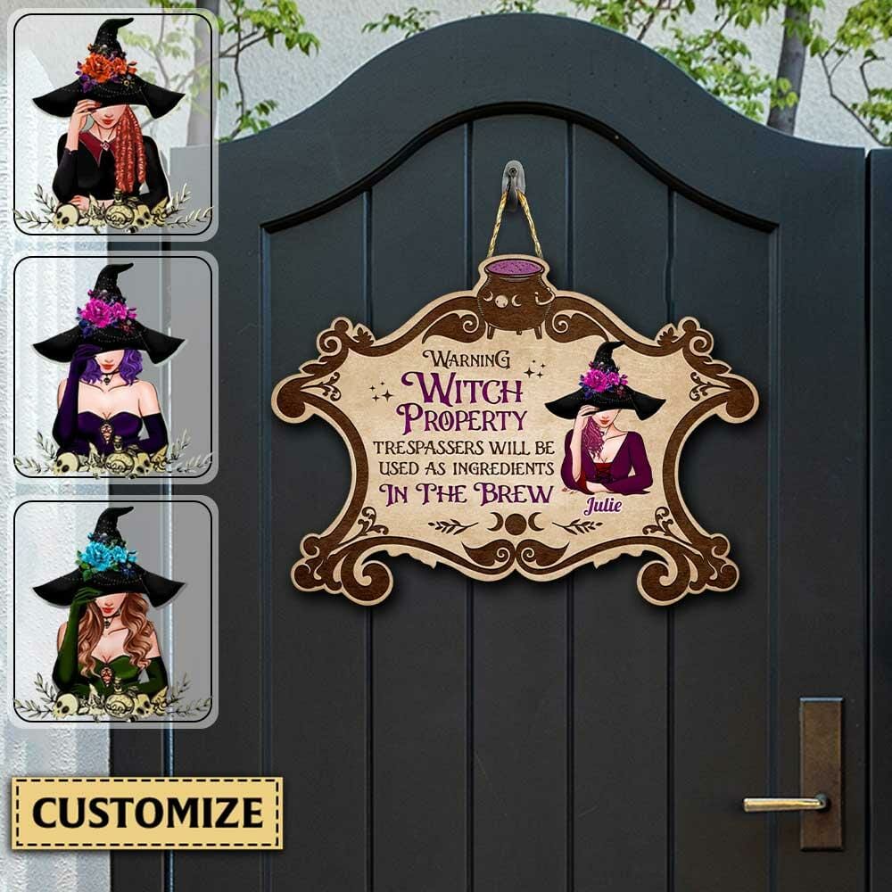 Warning Witch Property Personalized Witch Shaped Wooden Sign, Gift Idea For Halloween