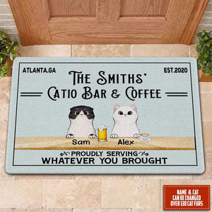 Personalized Catio Bar & Grill Cats Proudly Serving Whatever You Brought Printed Doormat
