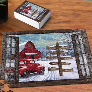 Red Truck Farmhouse Christmas Family Custom Photo - Personalized Photo Jigsaw Puzzle