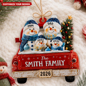 Personalized Red Truck With Snowman Family Ornament, Christmas Tree Decor