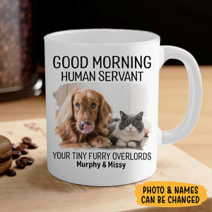 Good Morning Human Servant Your Tiny Furry Overlords, Personalized Accent Mug, Gifts For Pet Lovers, Custom Photo