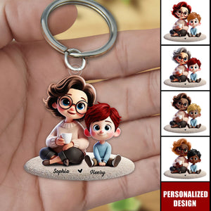 Happy Grandma & Grandkid Sitting-Personalized Keychain-Gift For Mom, For Grandma