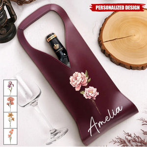 Personalized Birth Flower Leather Wine Bag Gift for Wine Lover