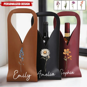 Personalized Birth Flower Leather Wine Bag Gift for Wine Lover