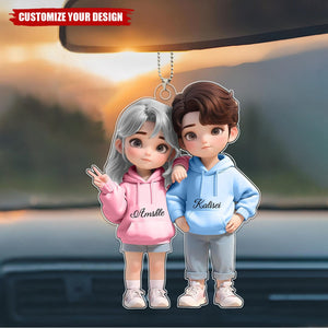 Cute Cartoon Couple Personalized Car Ornament, Anniversary Valentine's Day Gift For Couple