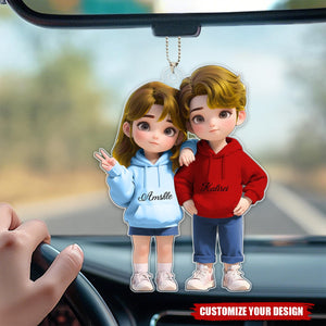 Cute Cartoon Couple Personalized Car Ornament, Anniversary Valentine's Day Gift For Couple