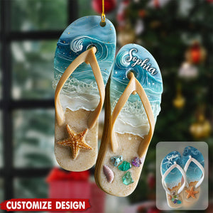 2D FLAT Personalized Flip Flop Christmas Acrylic Ornament, Coastal Ornament, Seaside Vacation Art, Ocean Lover Gifts, Gift for Beach Lover