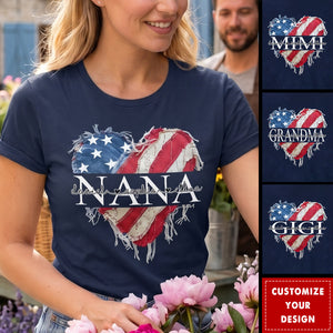 Personalized Nana/Mom T Shirt, Custom American Flag Heart Design with Family Names, Patriotic Gift for Nana/Mom
