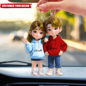 Cute Cartoon Couple Personalized Car Ornament, Anniversary Valentine's Day Gift For Couple