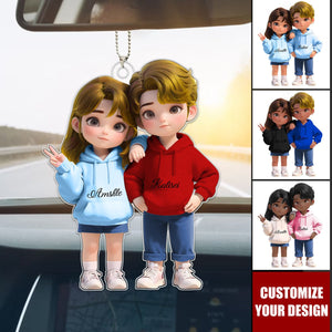 Cute Cartoon Couple Personalized Car Ornament, Anniversary Valentine's Day Gift For Couple