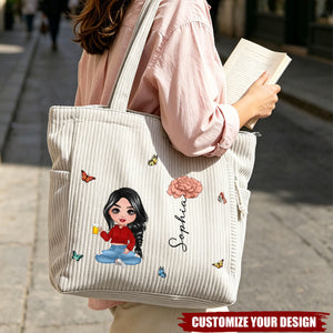 Personalized Cartoon Character Birth Flower Large Capacity Corduroy Tote Bag