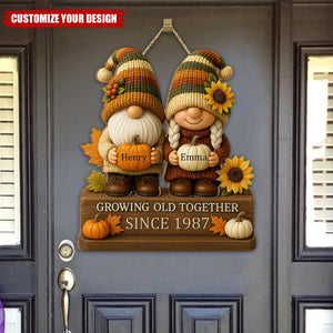 Growing Old Together, Couple With Sunflowers And Pumpkins Wood Sign, Gift For Couples And Grandparents