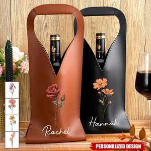 Personalized Birth Flower Leather Wine Bag Gift for Wine Lover