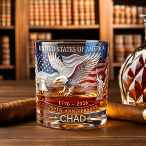 United States 250th Anniversary, Personalized Whiskey Glass, Patriotic Cup Gift For Him