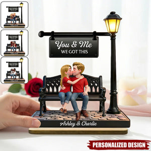 Everlasting Love Couple Sitting Kissing Under Lamp Post-Personalized Wooden Plaque-Valentine's Day Gift For Couple