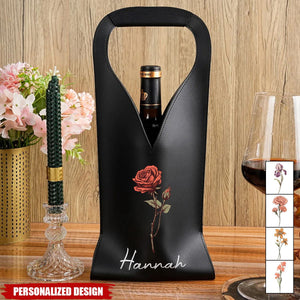 Personalized Birth Flower Leather Wine Bag Gift for Wine Lover