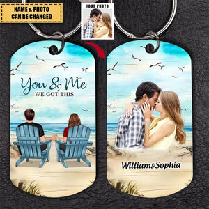 Back View Couple Sitting Beach Landscape You & Me We Got This Personalized Stainless Steel Keychain