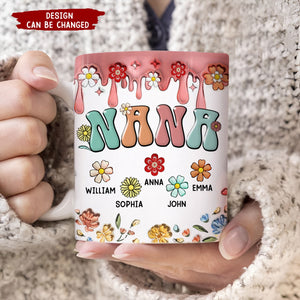 Personalized Retro Boho Mama Nana Flower Kids 3D Inflated Effect Mug