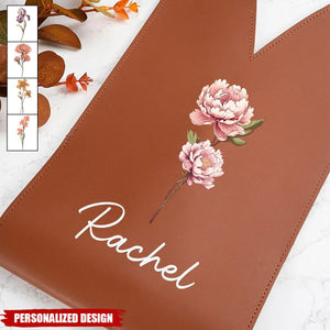 Personalized Birth Flower Leather Wine Bag Gift for Wine Lover