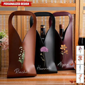 Personalized Birth Flower Leather Wine Bag Gift for Wine Lover