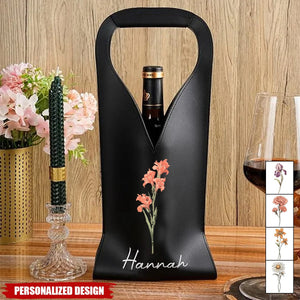 Personalized Birth Flower Leather Wine Bag Gift for Wine Lover