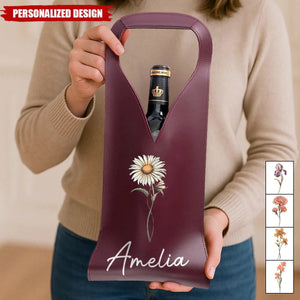 Personalized Birth Flower Leather Wine Bag Gift for Wine Lover