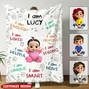 I Am Enough, Loved, Helpful, Unique, Smart - Personalized Blanket - Gifts for Kids