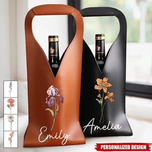 Personalized Birth Flower Leather Wine Bag Gift for Wine Lover