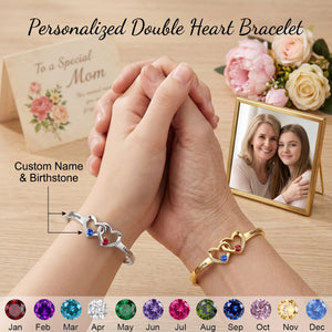 Personalized Double Heart Birthstone Bracelet - Gift For Couple,Mom,Grandma