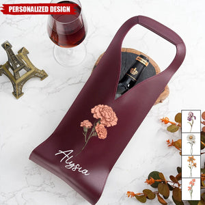 Personalized Birth Flower Leather Wine Bag Gift for Wine Lover