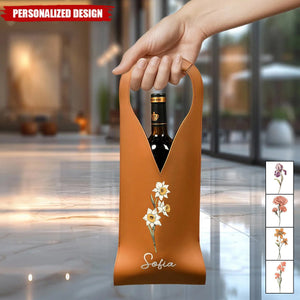 Personalized Birth Flower Leather Wine Bag Gift for Wine Lover