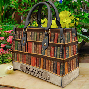 Personalized Book Lover Leather Bag, Book Seamless Pattern, Gift For Book Lovers