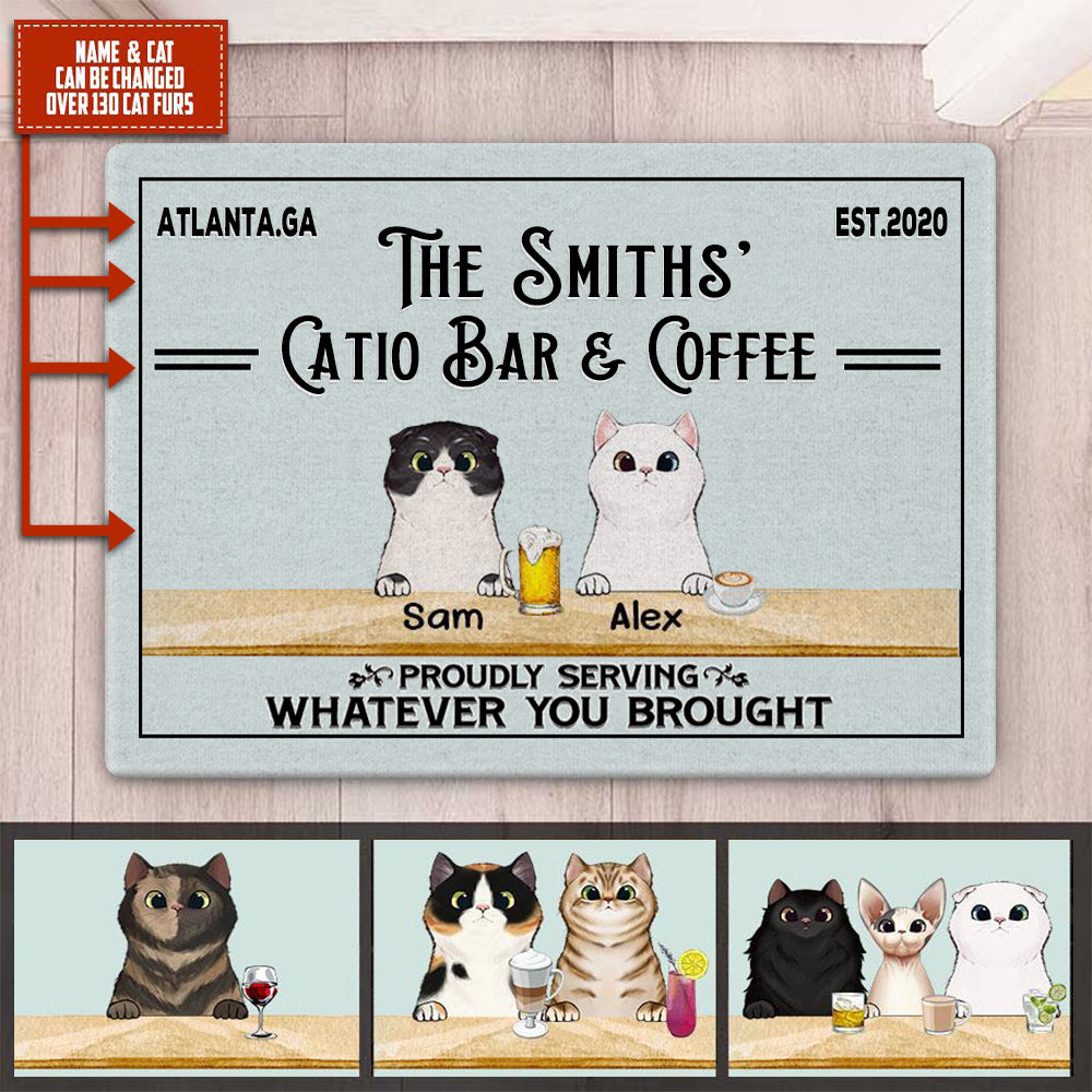 Personalized Catio Bar & Grill Cats Proudly Serving Whatever You Brought Printed Doormat