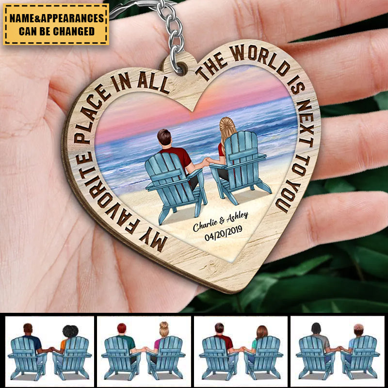 Couple Back View At Beach Personalized Heart Shaped Wooden Keychain