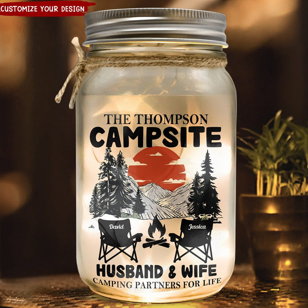Husband & Wife Camping Partners For Life - Personalized Mason Jar Light