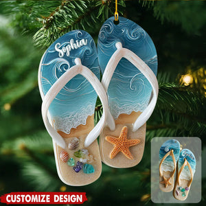 2D FLAT Personalized Flip Flop Christmas Acrylic Ornament, Coastal Ornament, Seaside Vacation Art, Ocean Lover Gifts, Gift for Beach Lover