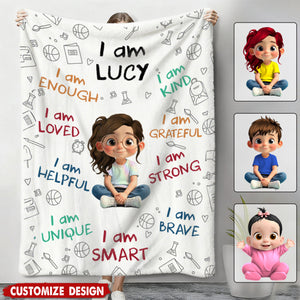 I Am Enough, Loved, Helpful, Unique, Smart - Personalized Blanket - Gifts for Kids