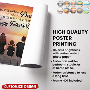 Personalized Back‑View Family Poster – Custom Family & Angel Wings, Sunset Dock Scene