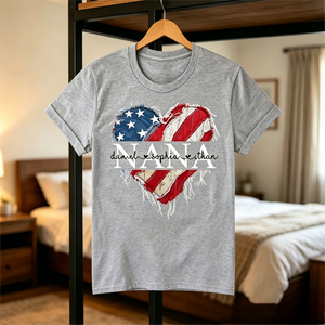 Personalized Nana/Mom T Shirt, Custom American Flag Heart Design with Family Names, Patriotic Gift for Nana/Mom