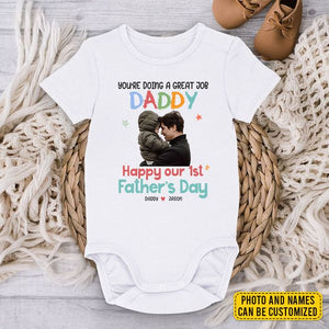 Custom Photo Happy Our 1st Father's Day! - Family Personalized Custom Baby Onesie - Father's Day, Baby Shower Gift, Gift For First Dad