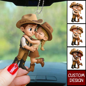 Cartoon Style Countryside Couple Cowboy Cowgirl Personalized Car Ornament