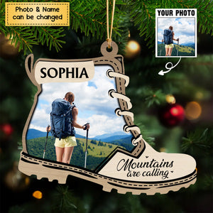 Mountains Are Calling - Personalized Christmas Photo Upload Gifts Custom Wooden Ornament for Hiking Lovers