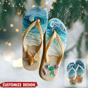 2D FLAT Personalized Flip Flop Christmas Acrylic Ornament, Coastal Ornament, Seaside Vacation Art, Ocean Lover Gifts, Gift for Beach Lover