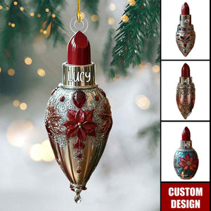 Personalized Red Jewel-Encrusted Glam Lipstick Christmas Ornament - Gift For Beauty Lovers