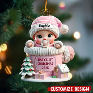 Baby In Mitten Baby's First Christmas Personalized Acrylic Flat Ornament